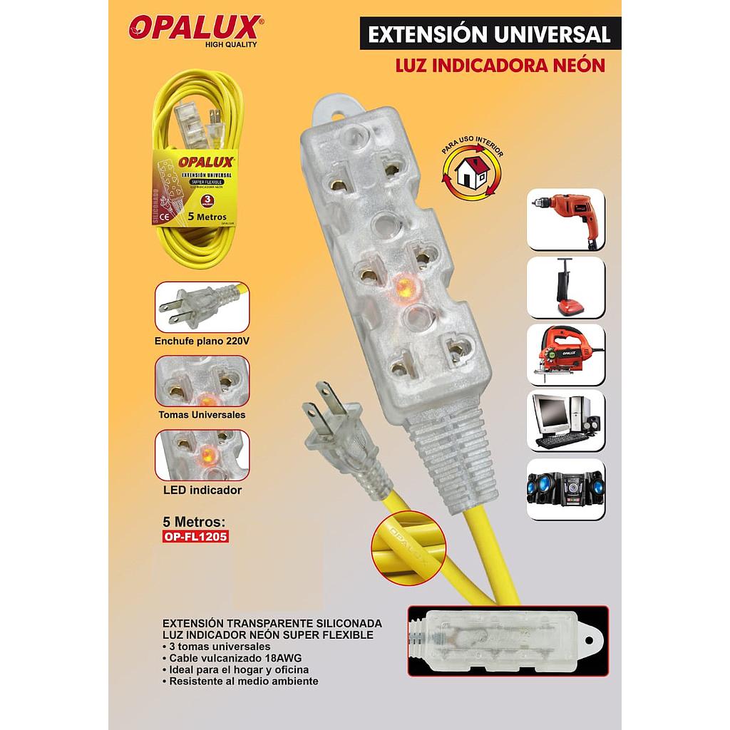 EXTENSION CORRIENTE AMARILLO OP-FL1205 CON 3 TOMAS TRANSPARENTE 5 MTRS SILICONA OPALUX GAR: 2 MESES LOCAL5