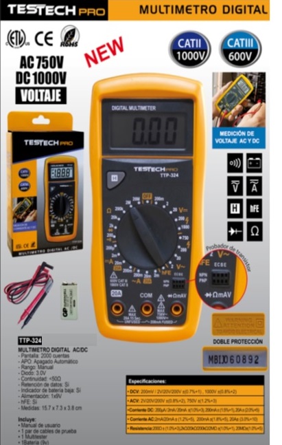 MULTITESTER DIGITAL AC/DC CATIL 1000V  TESTECH PRO TTP-324 GAR:3 MESES