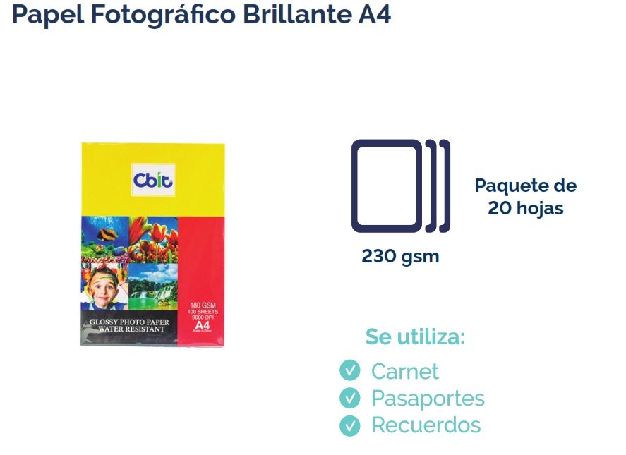 PAPEL FOTOGRÁCO BRILLANTE A4 230GSM (PQTX20HOJ) CBIT GAR: NO APLICA