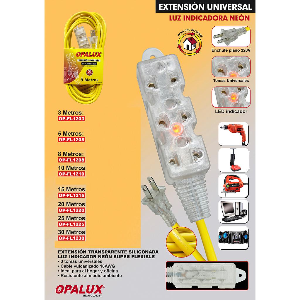 EXTENSION CORRIENTE AMARILLO OP-FL1208 CON 3 TOMAS TRANSPARENTE 8 MTRS SILICONA OPALUX