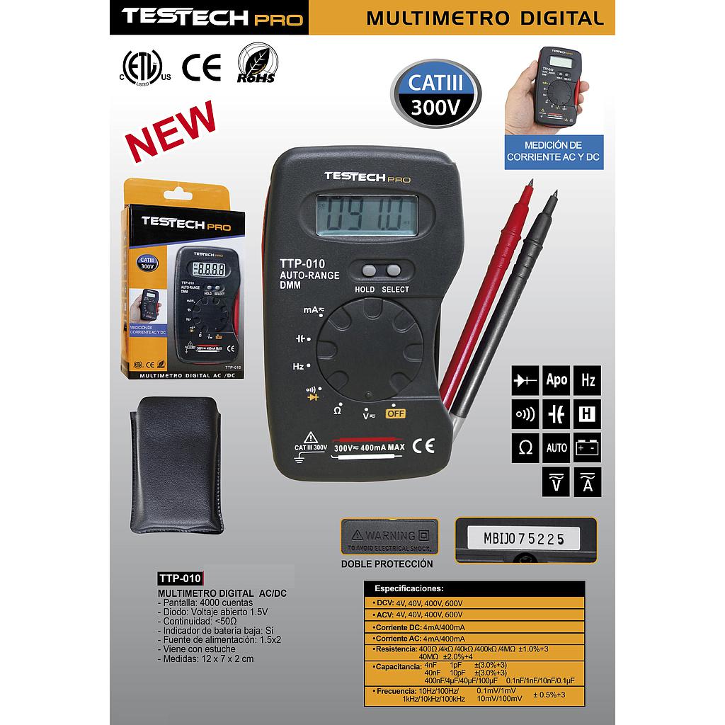 MULTITESTER DIGITAL AC/DC CATIL 300VAC 600W TESTECH PRO TTP-010  TESTECH PRO TTP-324 GAR:3 MESES