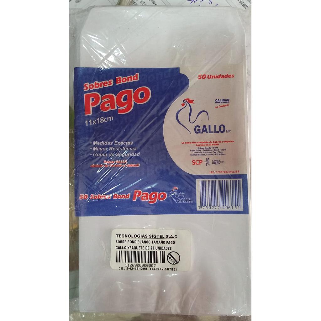 SOBRE BOND BLANCO TAMAÑO PAGO GALLO XPAQUETE DE 50 UNIDADES 
