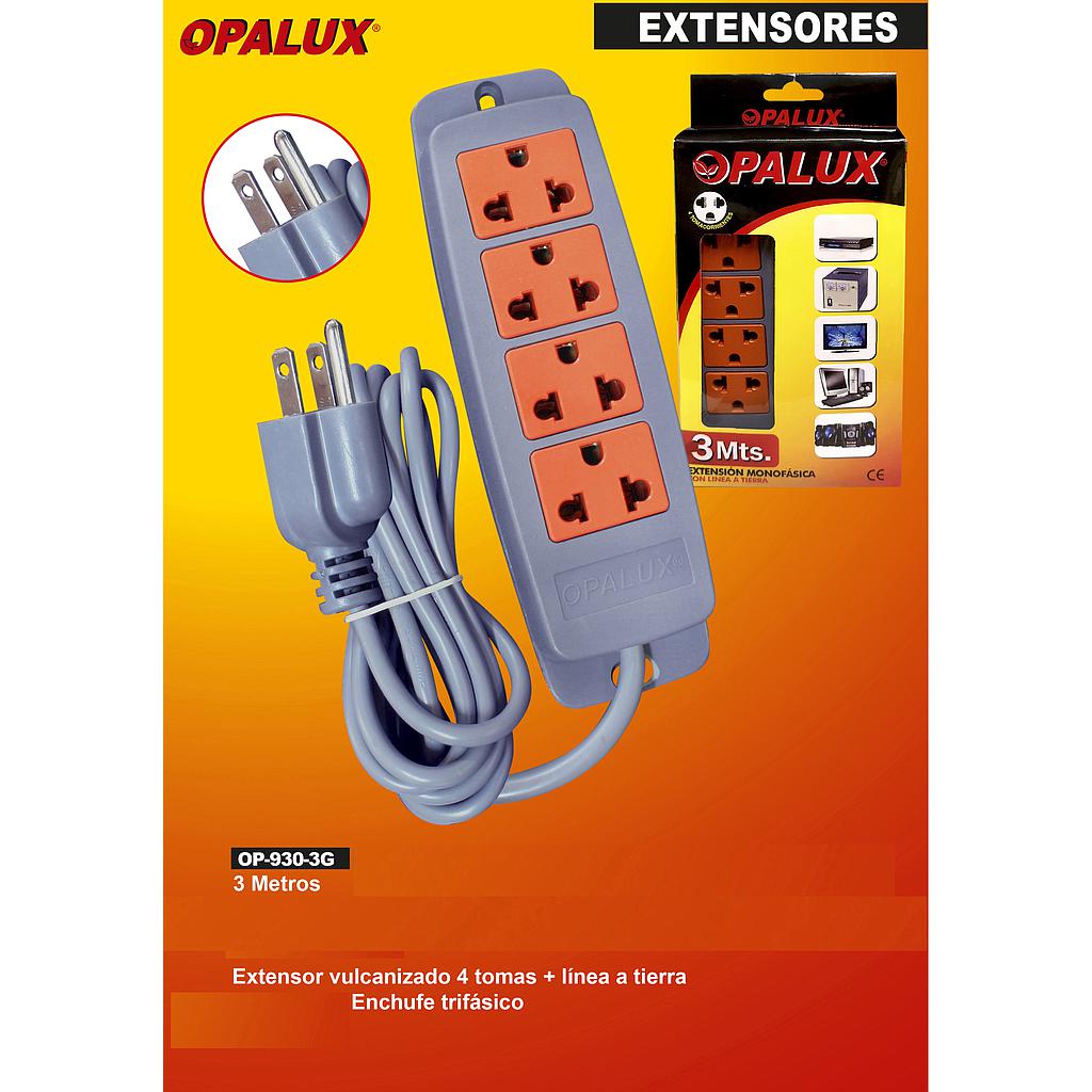 EXTENSION 3MT VULCANIZADO 4 TOMAS + LINEA TIERRA OP-930-3G OPALUX GAR:NO APLICA LOCAL5