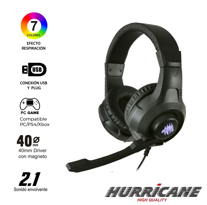 AUDIFONO GAMER HU-CH268 CON MICROFONO 40MM DRIVER HURRICANE GAR:3 MES